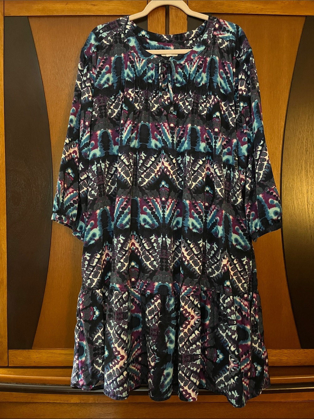 Westbound Woman Abstract Ikat Print Dress w/Neck Tie in Navy, Turquoise & Purple